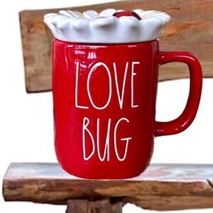 NWT Rae Dunn Gorgeous LOVE BUG Ladybug Red White Pink Mug with Lid Daisy Topper
